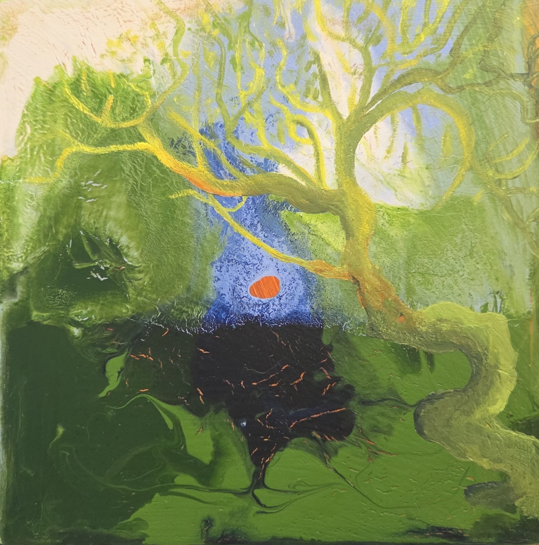 Livstræ 9, 18x18x3, akryl på MDF plade